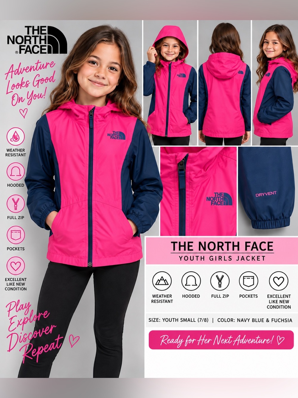 The North Face Girls DryVent Hooded Rain Jacket Pink Navy Youth Small 7/8